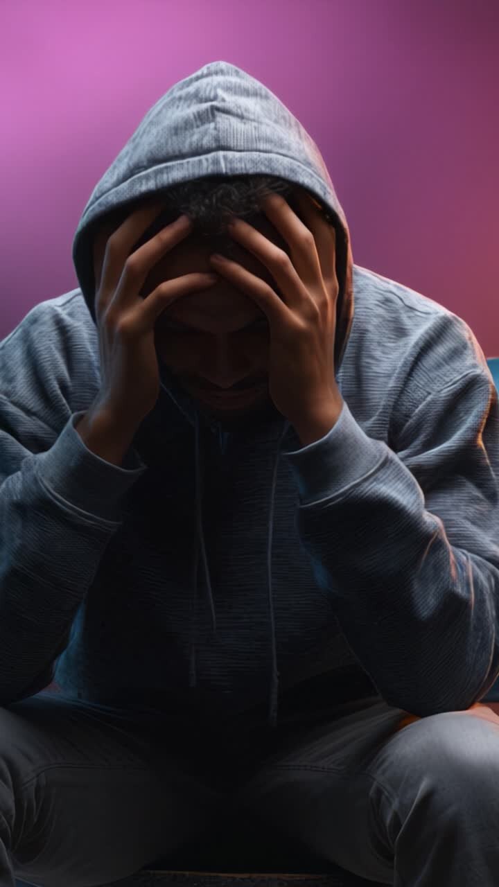 A contemplative moment captured in two frames, revealing the deep emotional struggle of a person wearing a hoodie, lost in thought against a vibrant background