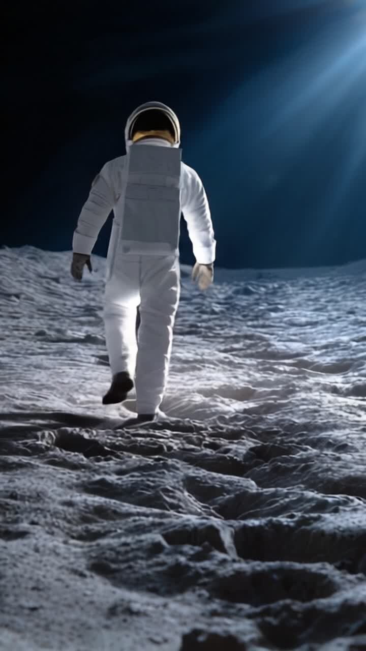 An astronaut walks across the moon's surface, exploring the serene, illuminated landscape under a beautiful celestial light, capturing the essence of space exploration