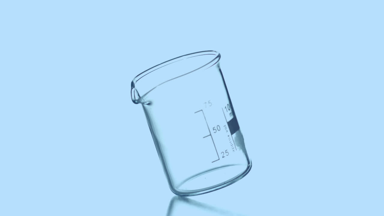 Animation of blue circle and diverse geometric shapes over rotating chemical glass