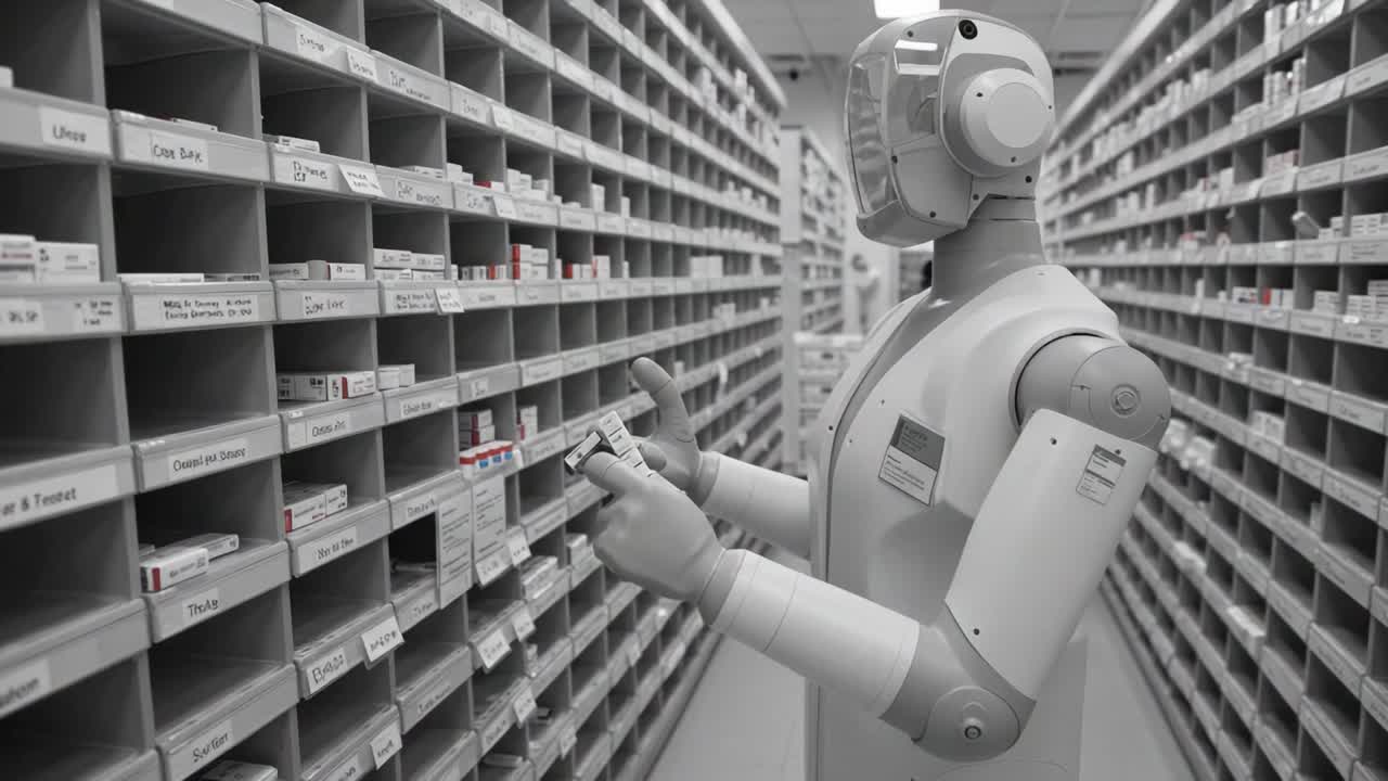 A humanoid robot meticulously organizes and sorts medication in a pharmacy, showcasing advanced technology and automation in patient care and healthcare management