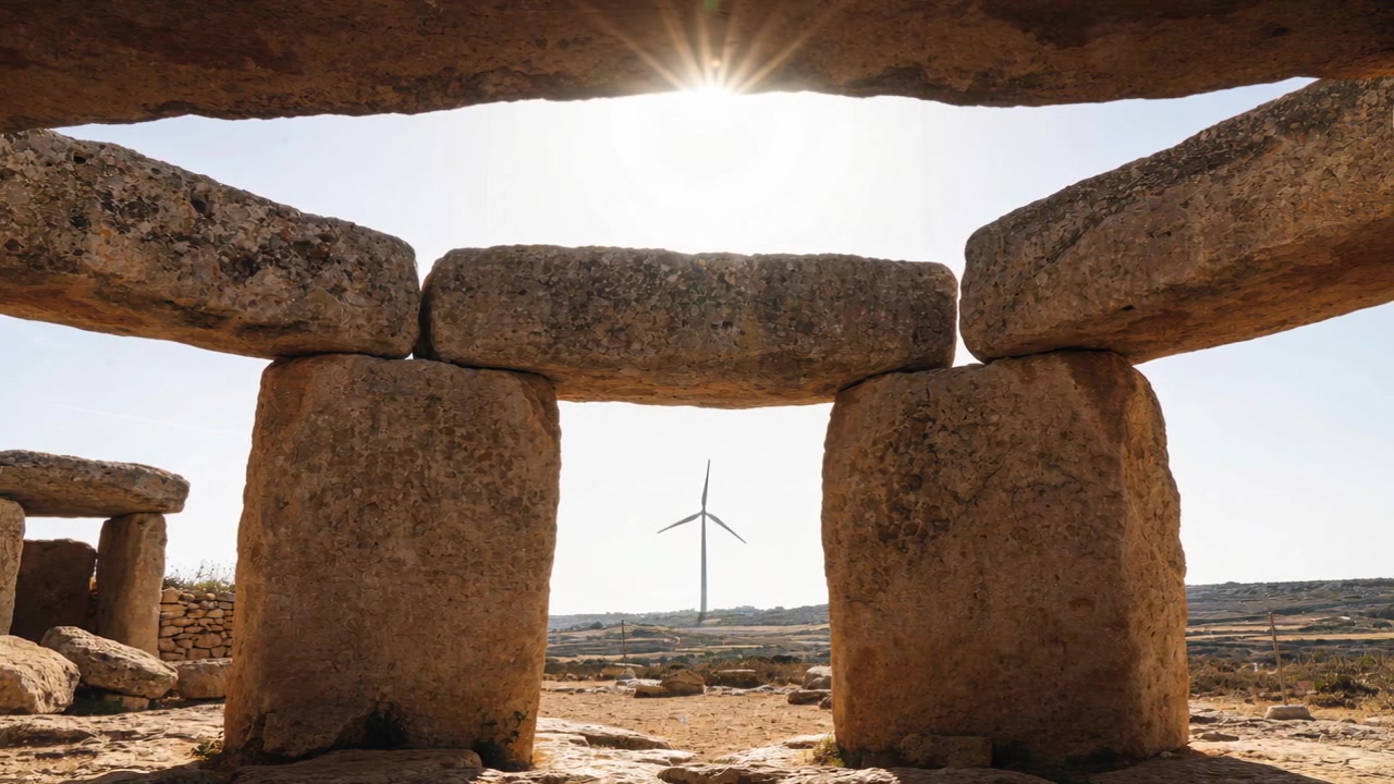 Enquadrando um portal de pedra em uma planície rochosa, com o sol se movendo acima da verga e as pás de uma turbina eólica girando com o vento.