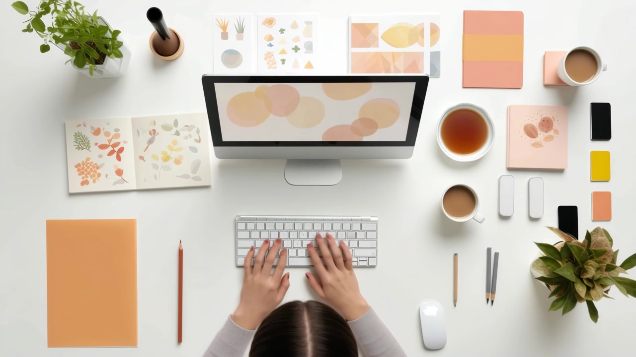 Designer arbejder ved computer ved organiseret kreativt skrivebord
