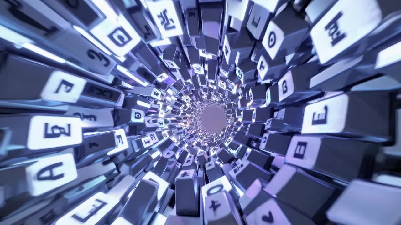 Abstract visual sequence showcasing a dynamic tunnel of illuminated keyboard keys, creating a mesmerizing flow of symbols and light, illustrating digital connectivity and movement