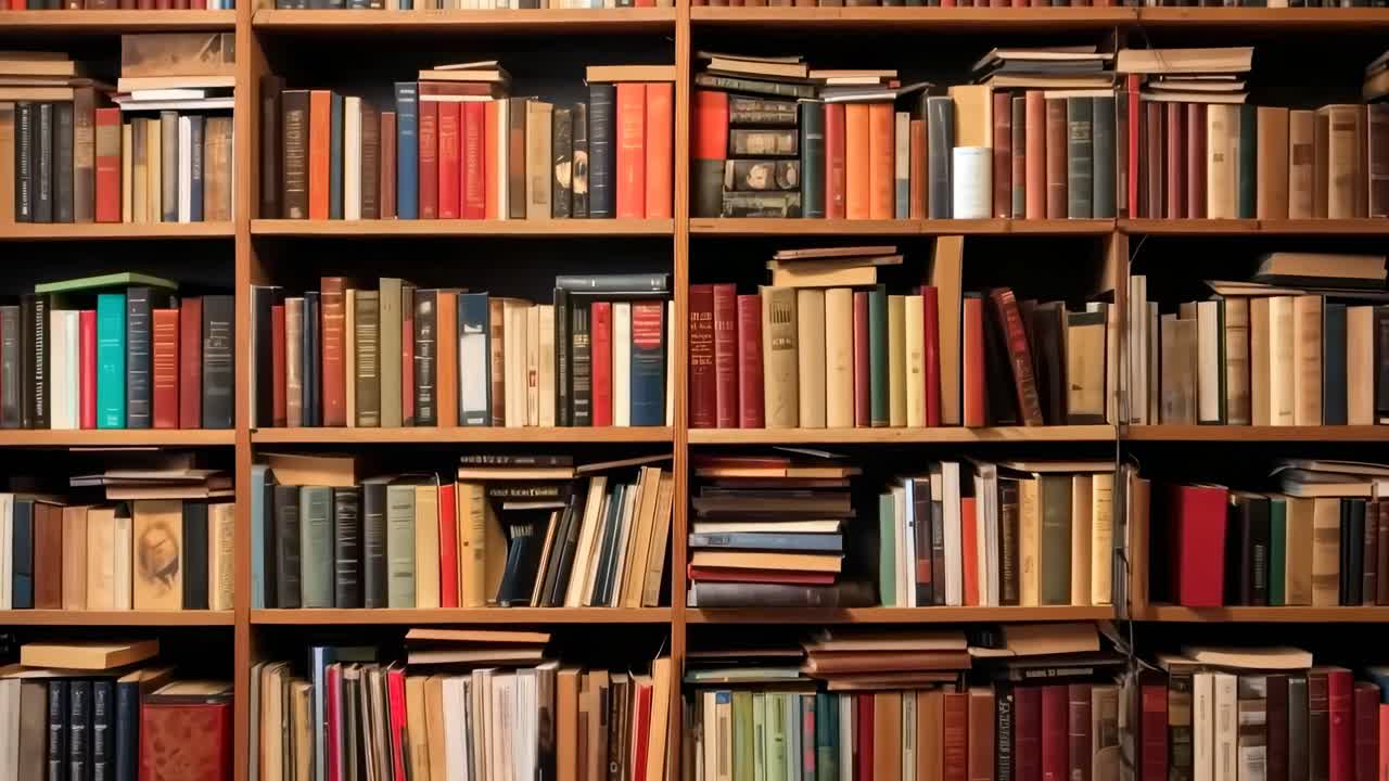 Video concept of a library shelf filled with colorful books, captured from a straight-on angle