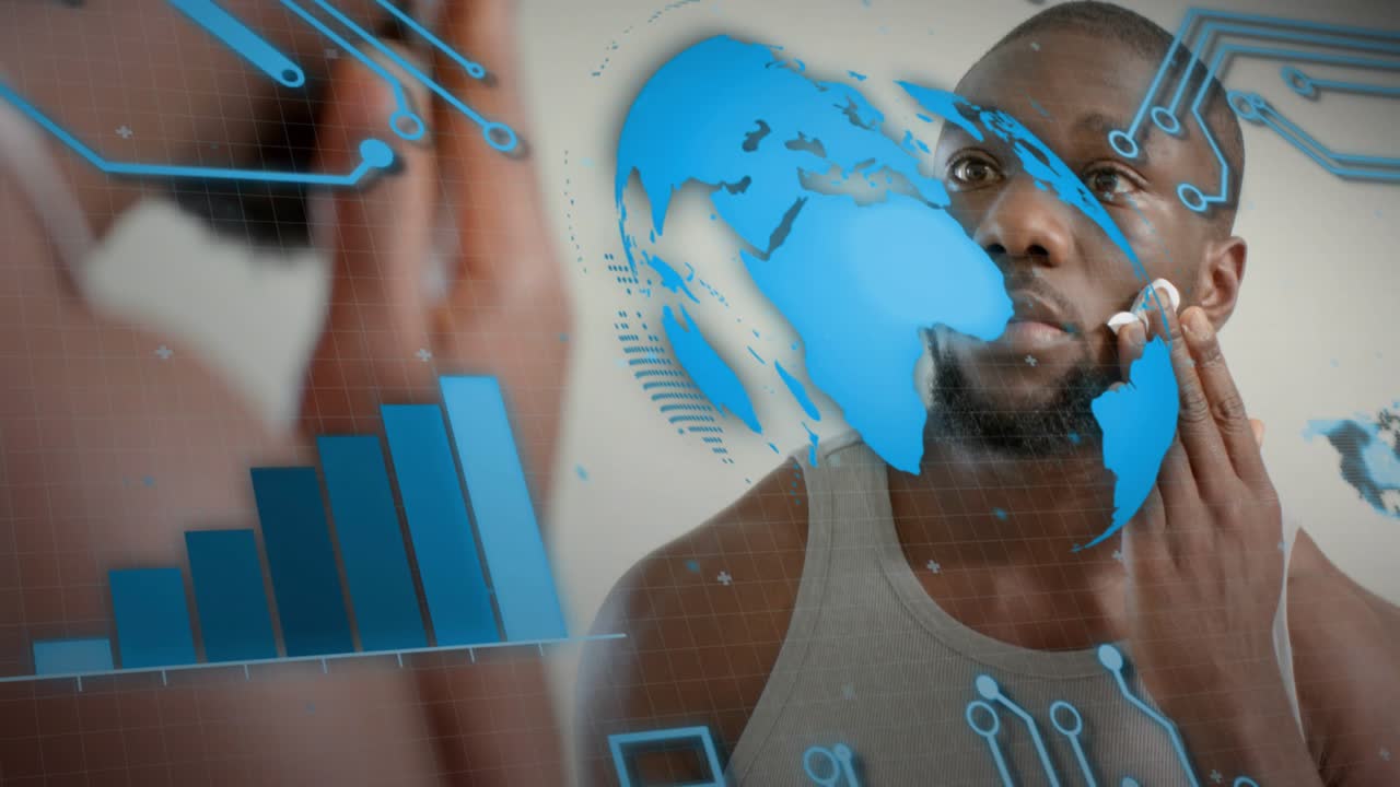 Man dabbing pad, applying skincare foam across cheeks, jaw as tech overlay animating over mirror