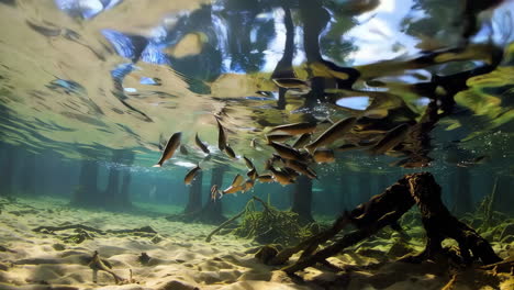 underwater school of fish in sunlit forest