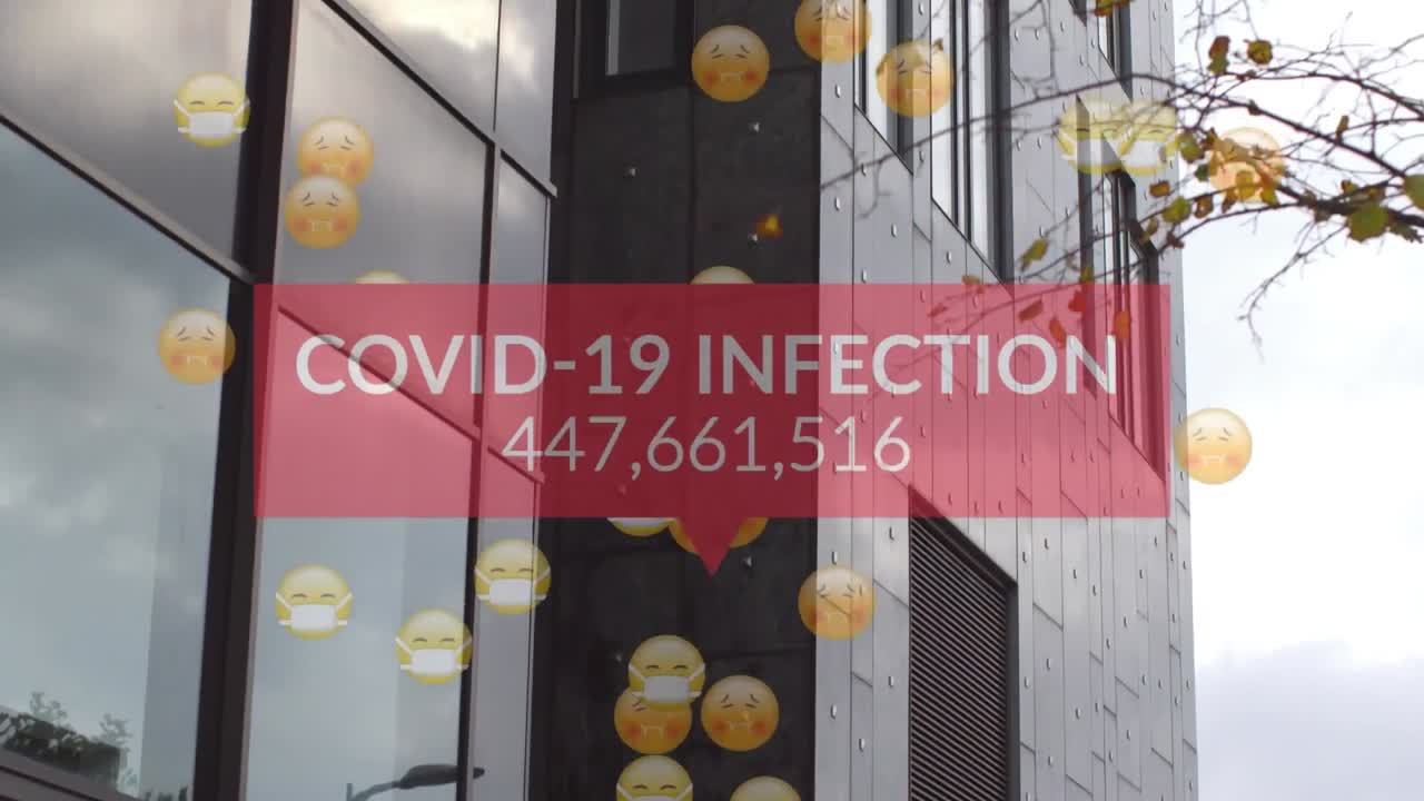 Animatio of multiple sick emojis with face masks and network of connections