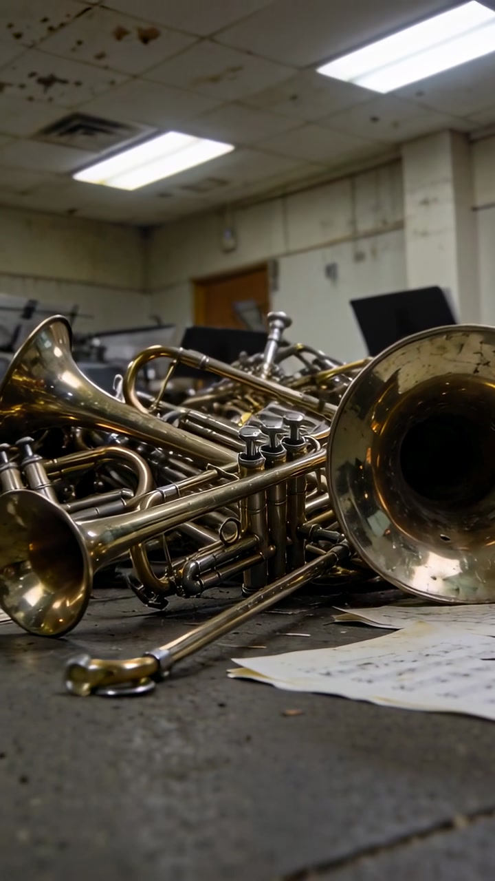 Vertical video: Pulling back camera revealing pile of brass on worn floor near sheet music for band