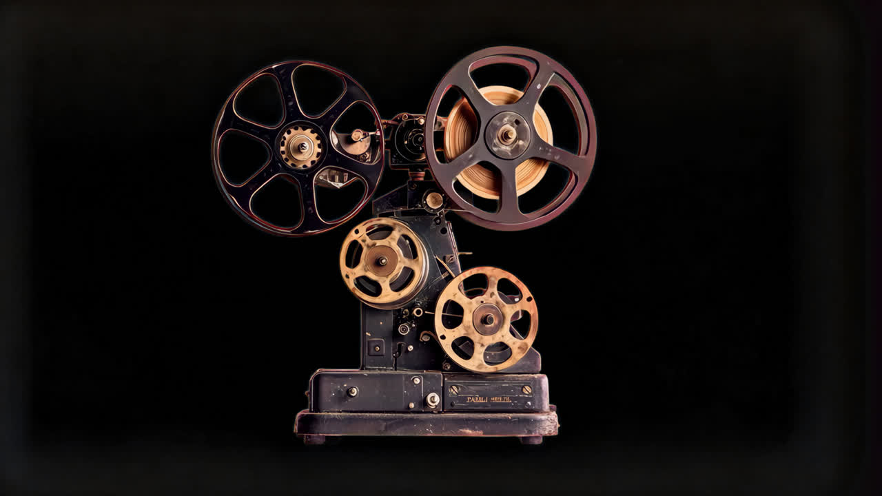 Vintage film projector machine animated overlay, transparent 4K video, alpha channel, ProRes 4444