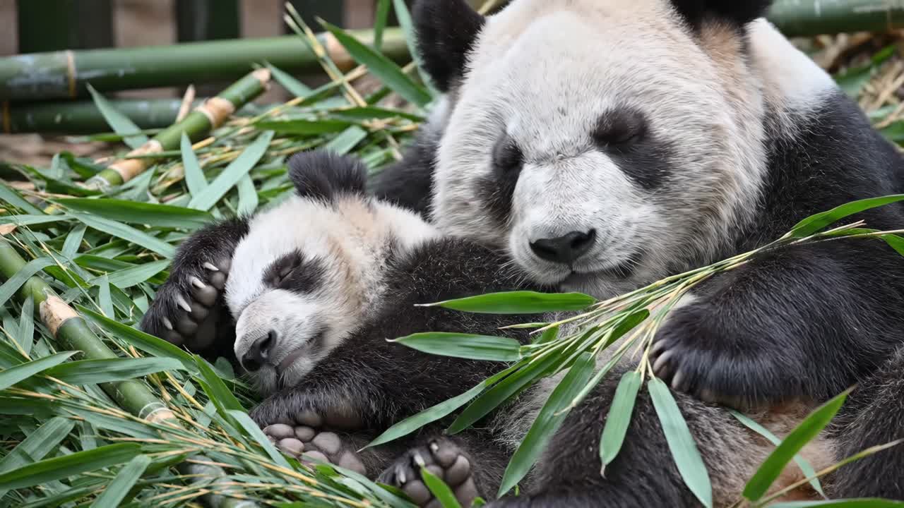 Panda and baby panda sleeping on bamboo