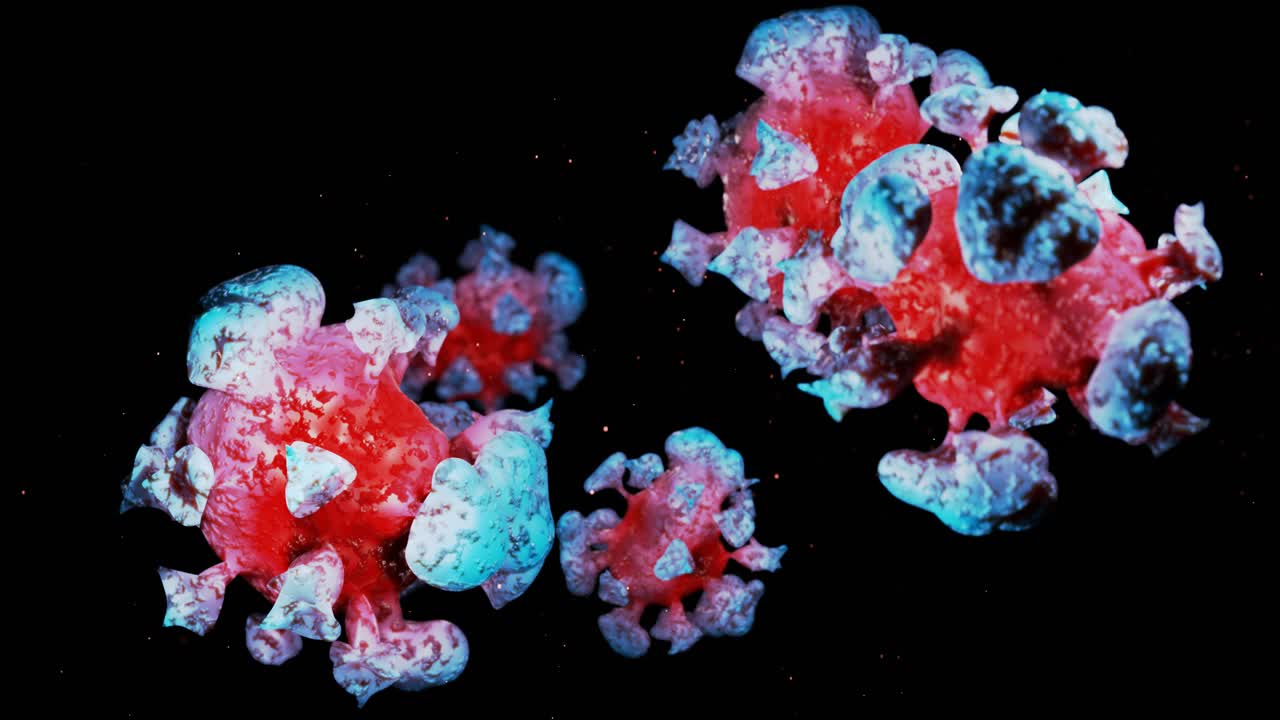 close-up coronavirus type covid-19, h1n1, bird flu or swine flu move smoothly in fluid 3d representation of virus as microbiological microscopic looped background. Red blue gradient 10