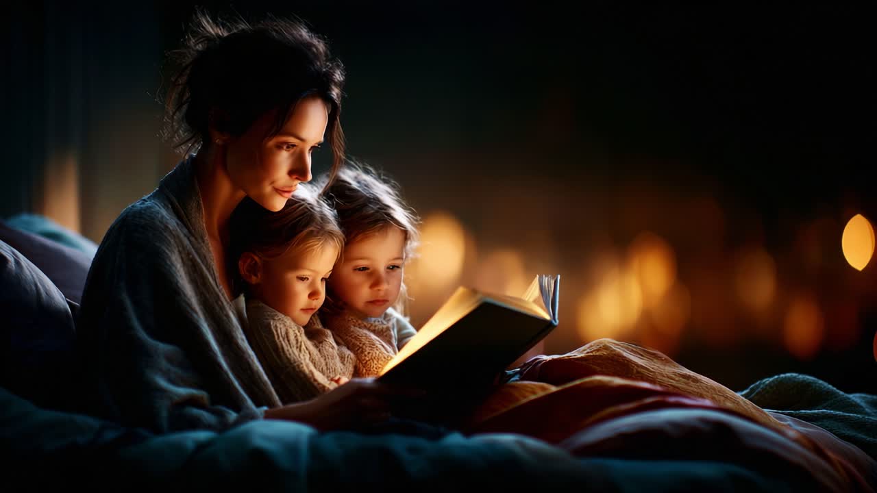 A cozy evening at home as a mother shares the warmth of a story with her children, enveloped in soft blankets, illuminated by the gentle glow of golden lights all around them