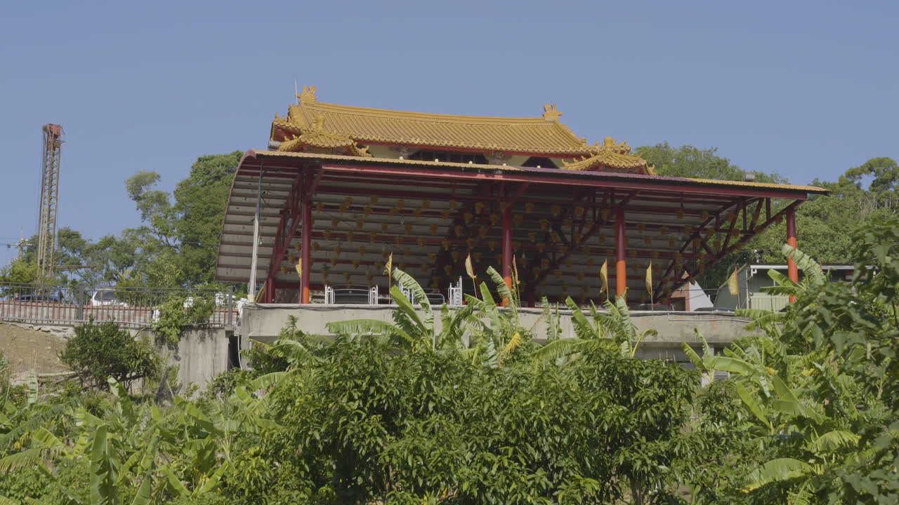Rural Temple in Taiwanese Countryside – Low Angle View