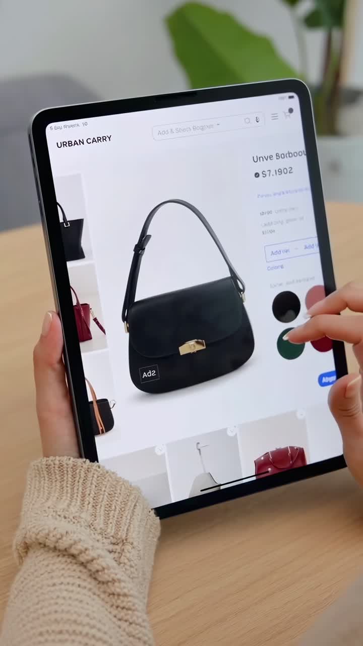 Primo piano di mani che sfogliano borse su un tablet, ripreso da un'angolazione dall'alto, in stile video