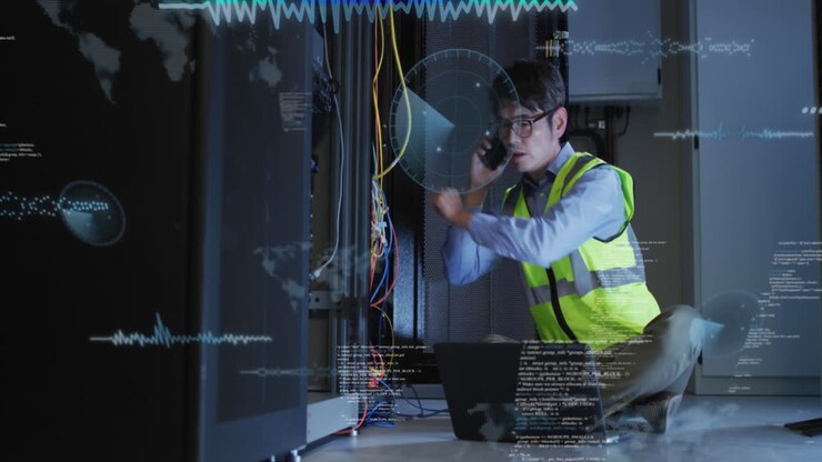 Animation of data processing over asian male engineer talking on smartphone at computer server room