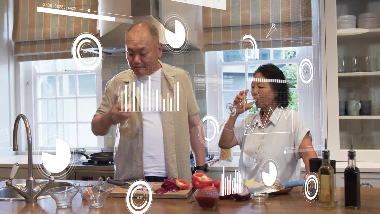 Mature man chopping tomatoes while senior woman offering glass, toasting meal, HUD marking food