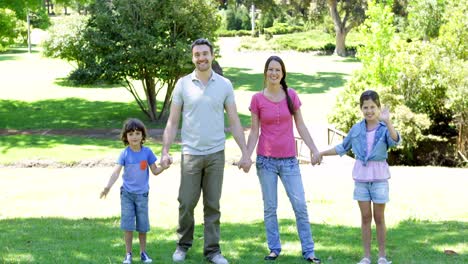 happy family holding hands and jumping