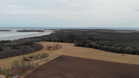 wide drone view of rural swedish landscape in early spring