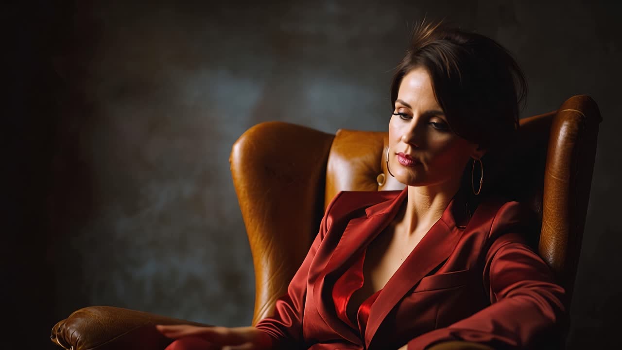Elegant Woman in Red Suit and Classic Chair, Capturing a Moment of Contemplation in a Dimly Lit Room, Showcasing Style and Poise with Stunning Profile