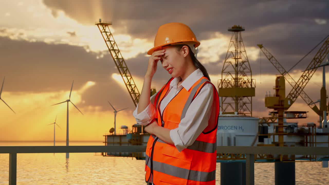 해가 지는 동안 석유 굴착장과 풍력 발전소에서 스트레스를 받는 엔지니어