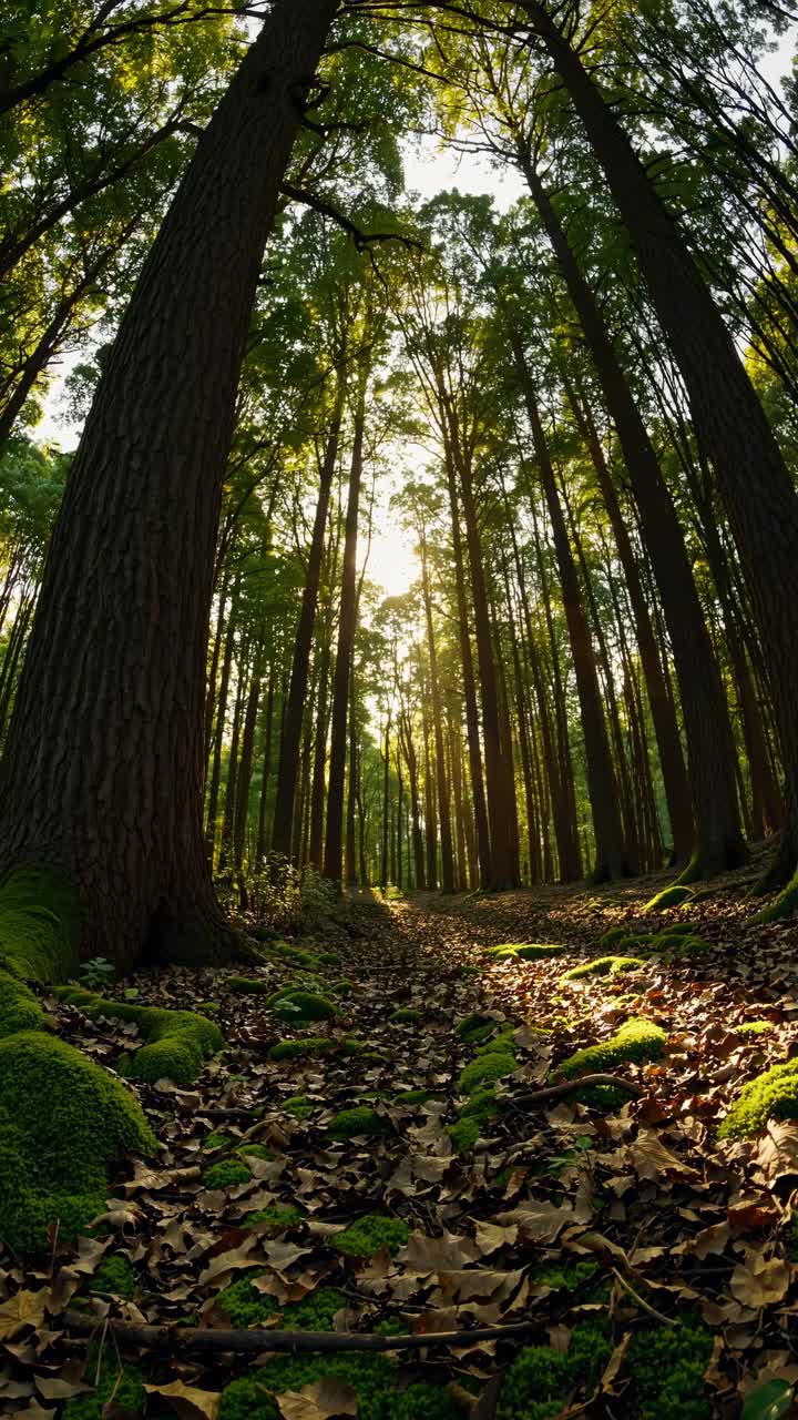 A serene forest scene captured with a low-angle lens, showcasing towering trees and sunlight