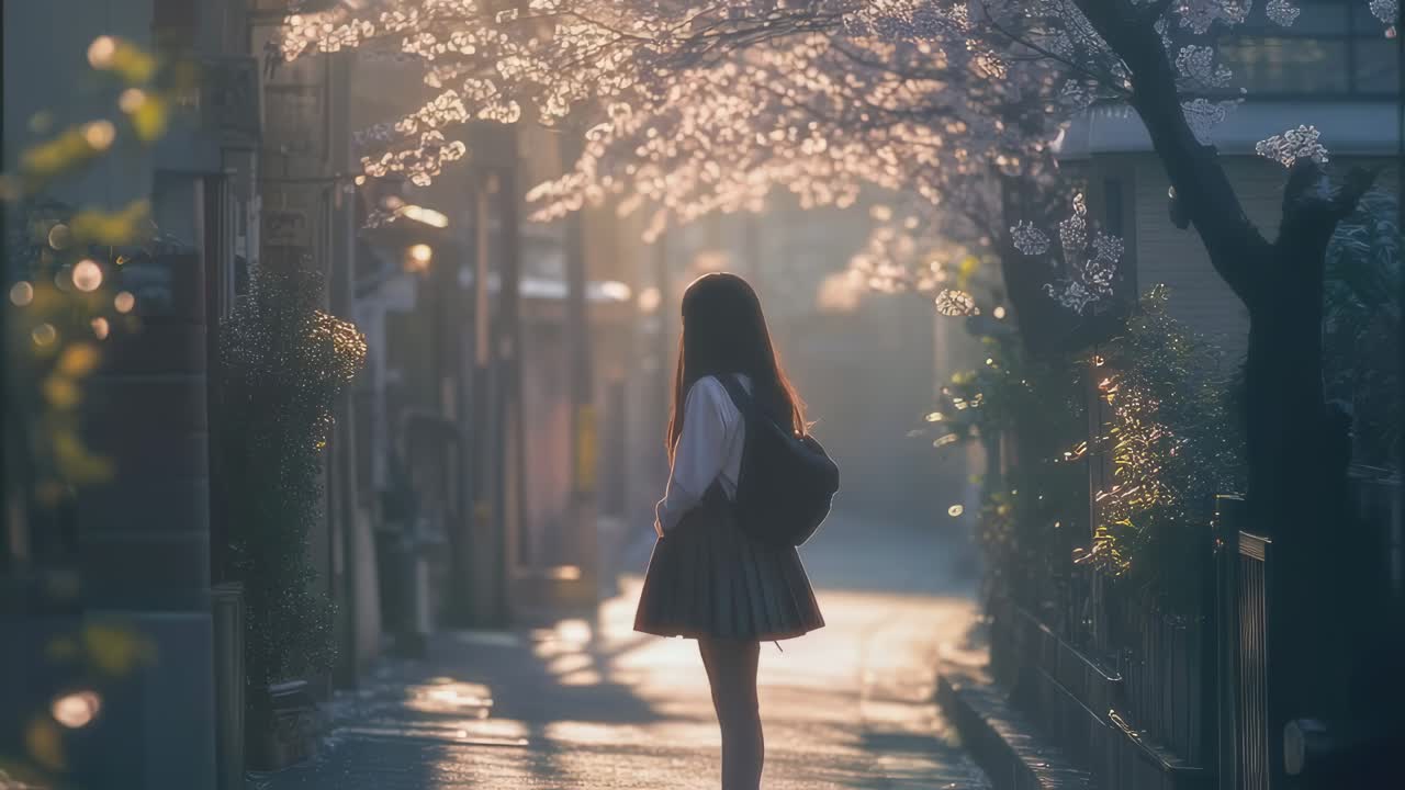 Japanese Student Walking in Sakura Season