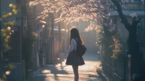 japanese student walking in sakura season