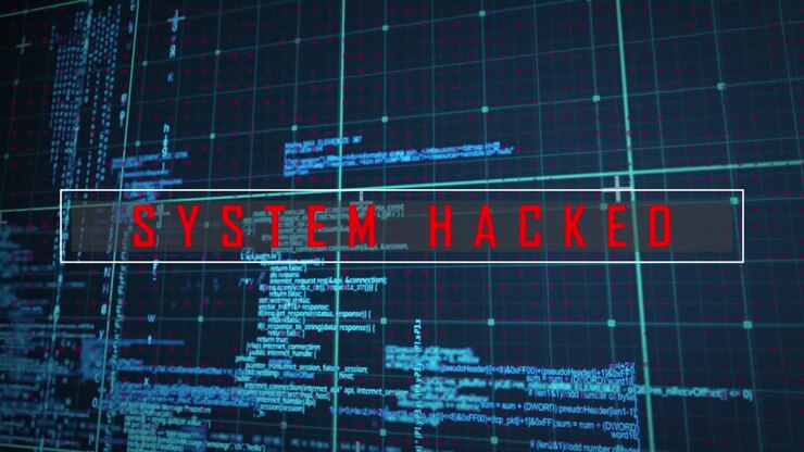Animation of system hacked text over data processing on black background