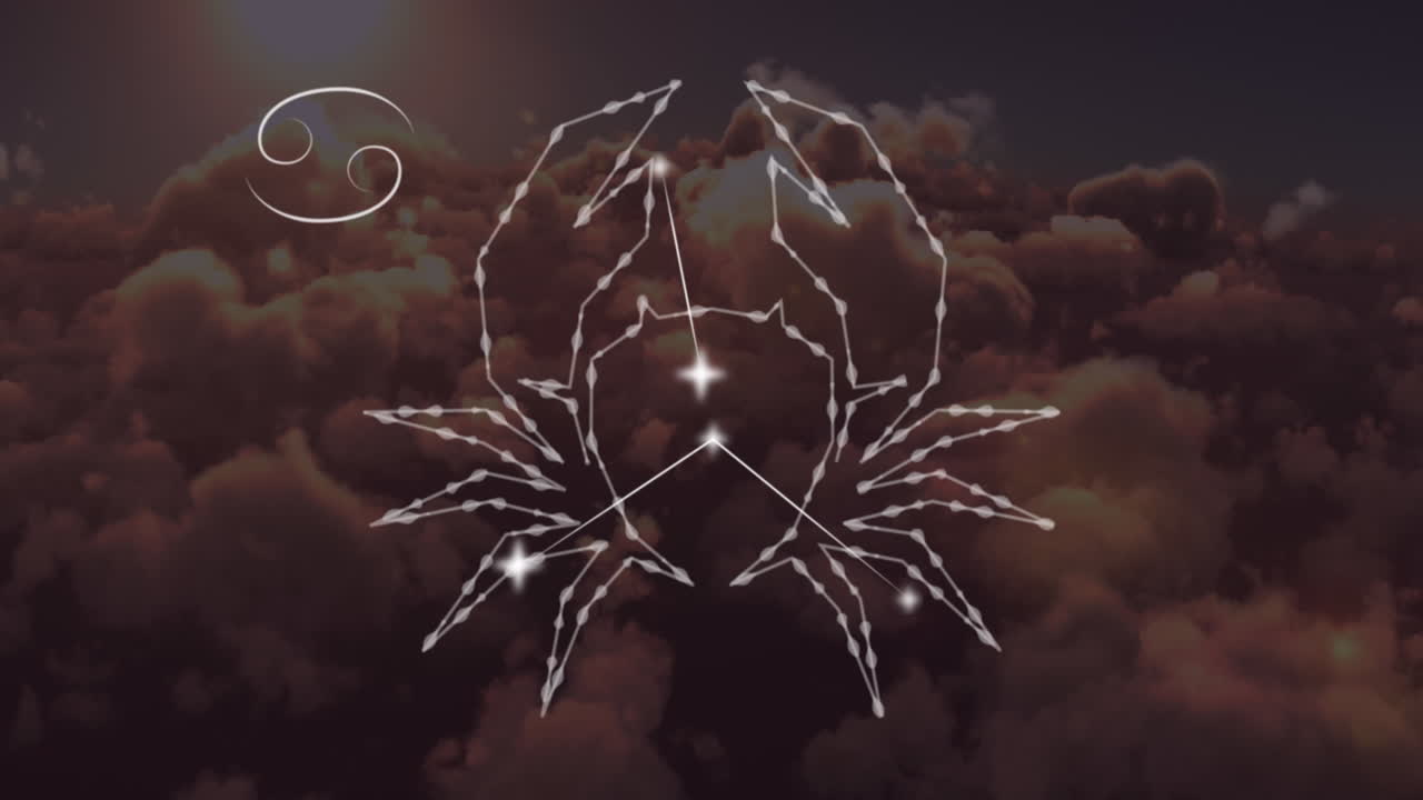 Animatie van het sterrenbeeld Kreeft boven wolken in de lucht op de achtergrond