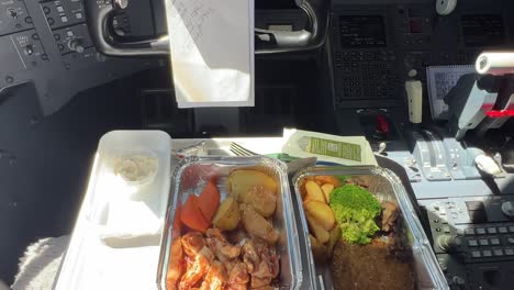 air crew meal closeup view during a real flight shot from pilot’s perspective