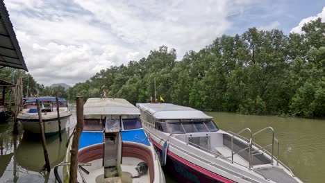 a speedboat leaves a wooden pier, gliding along a calm mangrove-lined river under bright daylight with partly cloudy skies. smooth camera pan follows the boat