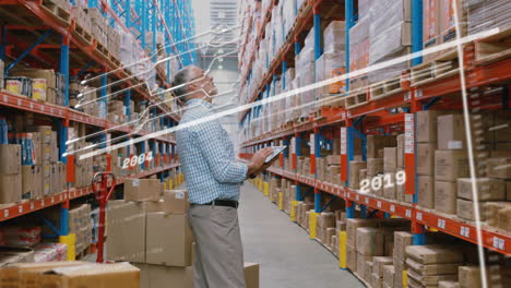 in warehouse, worker using tablet with animation overlay on shelves