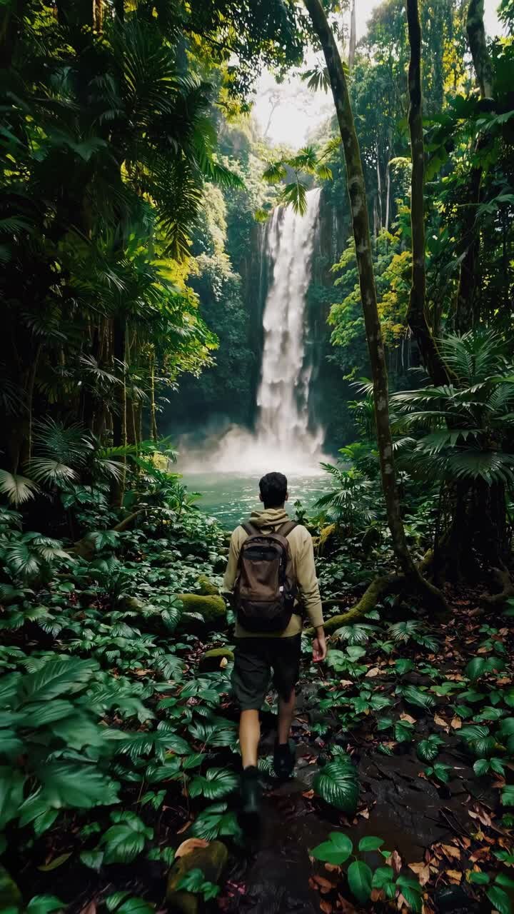 A man with a backpack walks through a lush jungle towards a waterfall
