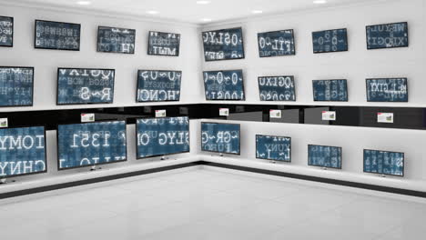 televisores de pantalla plana en exhibición con códigos de interfaz en sus pantallas