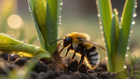 vibrant close-up of a bumblebee collecting nectar from fresh green shoots with dewdrops, capturing the essence of springtime nature's beauty