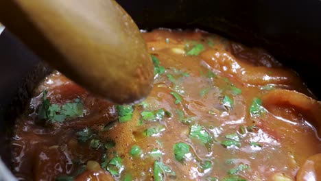 vista de cerca de la deliciosa salsa de tomate gourmet hecha en casa en una olla caliente con el vapor que se eleva de la comida hirviendo mientras se agita