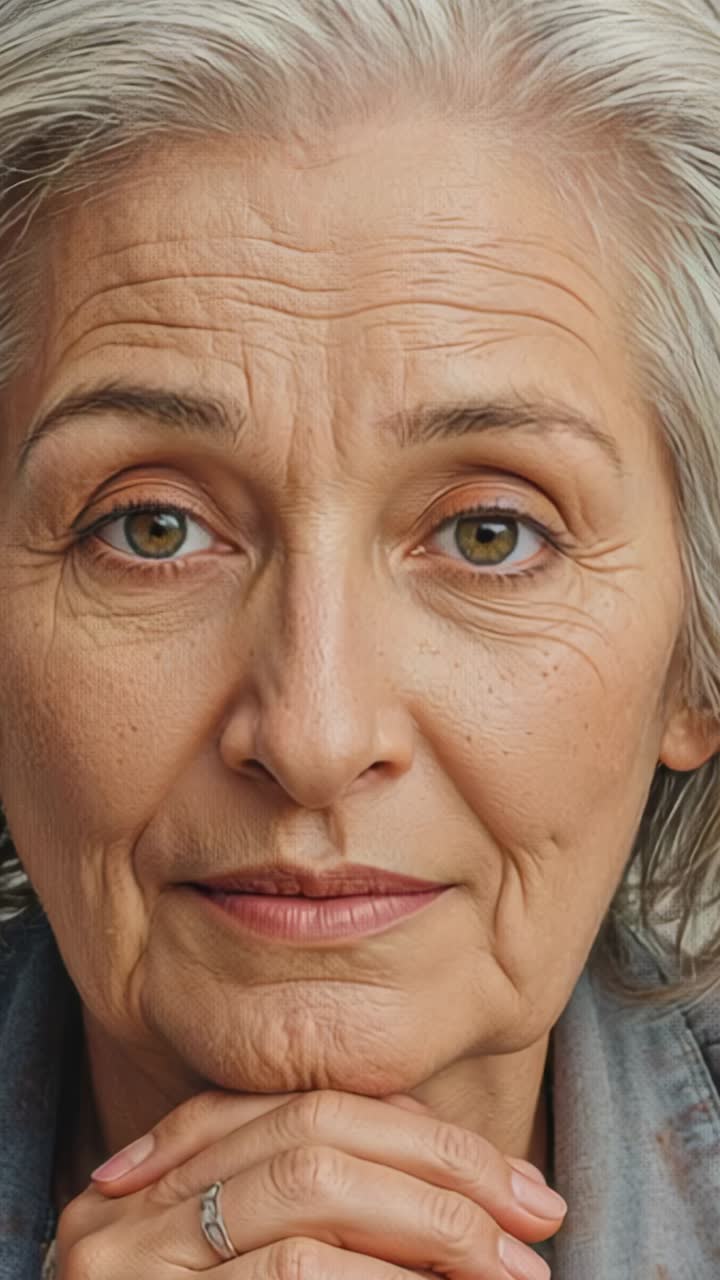 Vertical video: Opening woman gazing tilting head on interlaced hands at home with silver ring