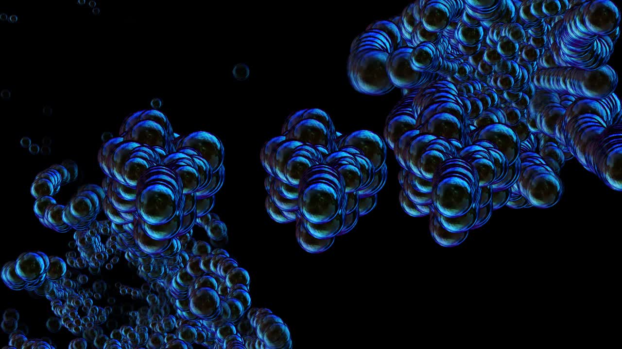 Shiny soap bubbles waft across the screen in calm motion, abstract motion graphics