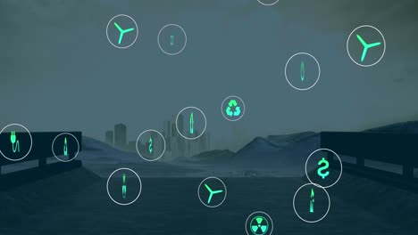 animation of eco icons floating over cityscape