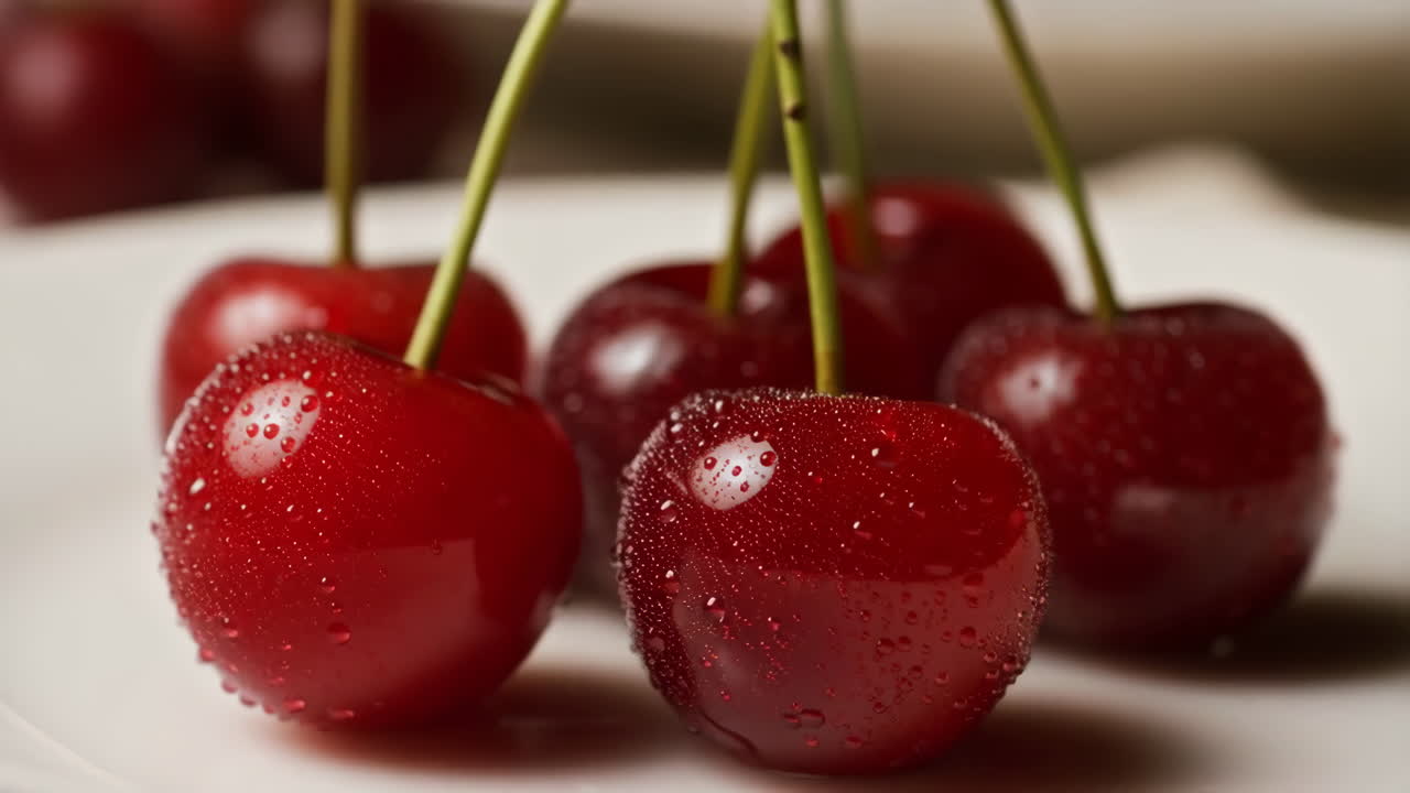 Primo piano di ciliegie rosse fresche con goccioline d'acqua