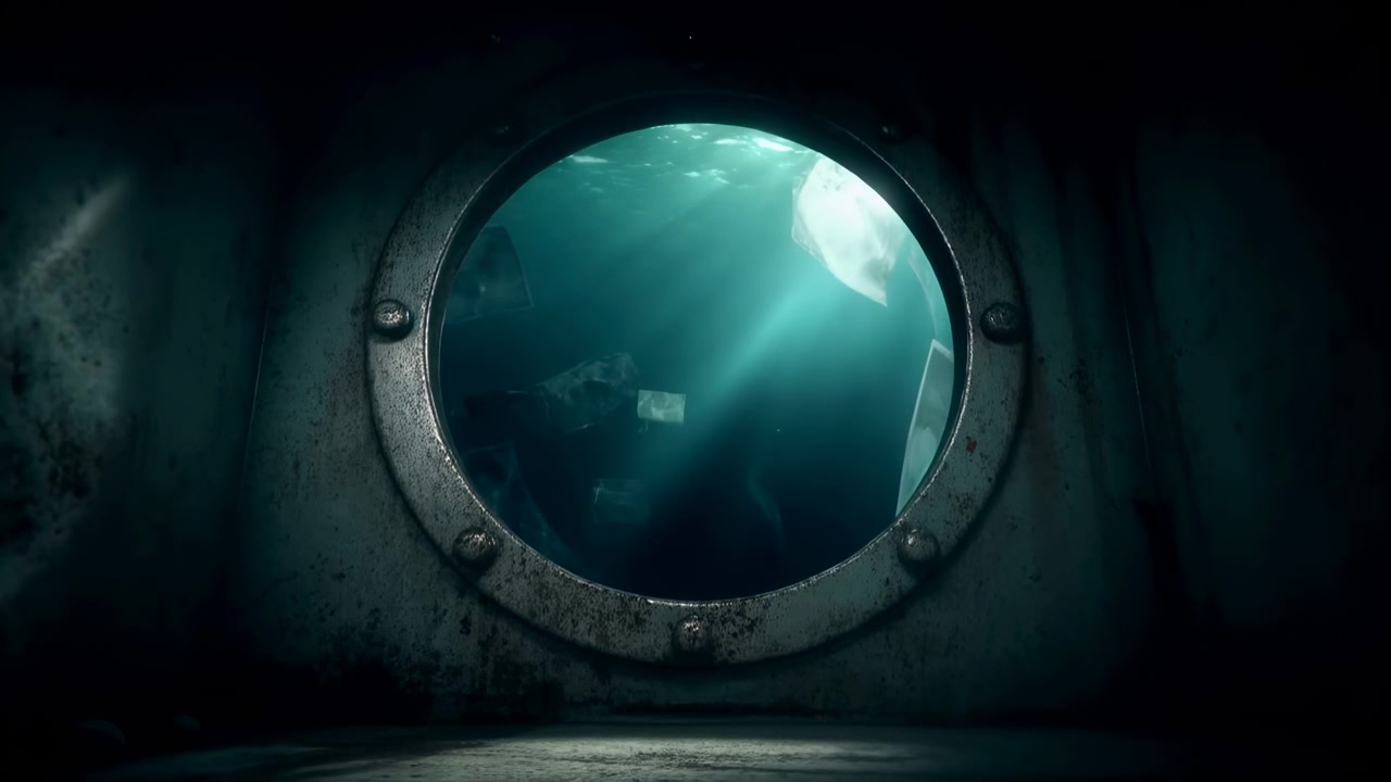 Un punto di vista interno basso guarda attraverso un oblò rotondo corroso nell'oceano illuminato di verde acqua, dove fogli di plastica traslucidi galleggiano a varie profondità, proiettando riflessi morbidi, ombre e una calma inquietante.