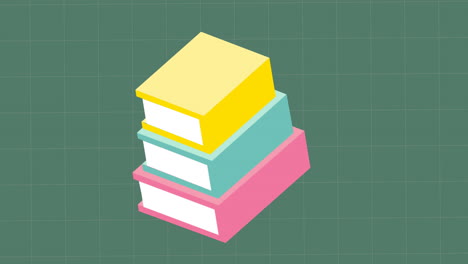 animación de pilas de iconos de libros flotando sobre la red de cuadrícula en fondo verde con espacio de copia.
