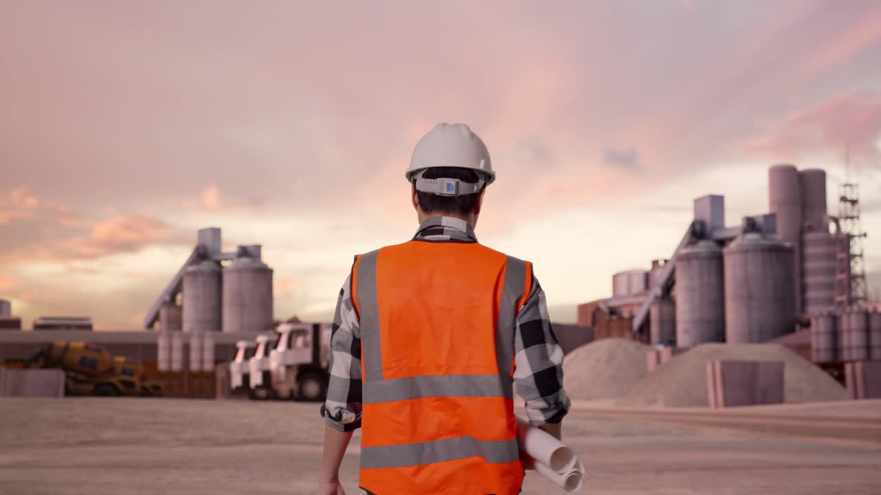 Back of Asian Male Engineer Holding Blueprint While Walking at Industrial Cement Plant with Sunset