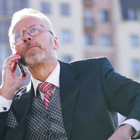 portrait of successful senior businessman using cell phone while sitting on a bench. mature man answering phone call and explaining business technology on mobile phone in city.