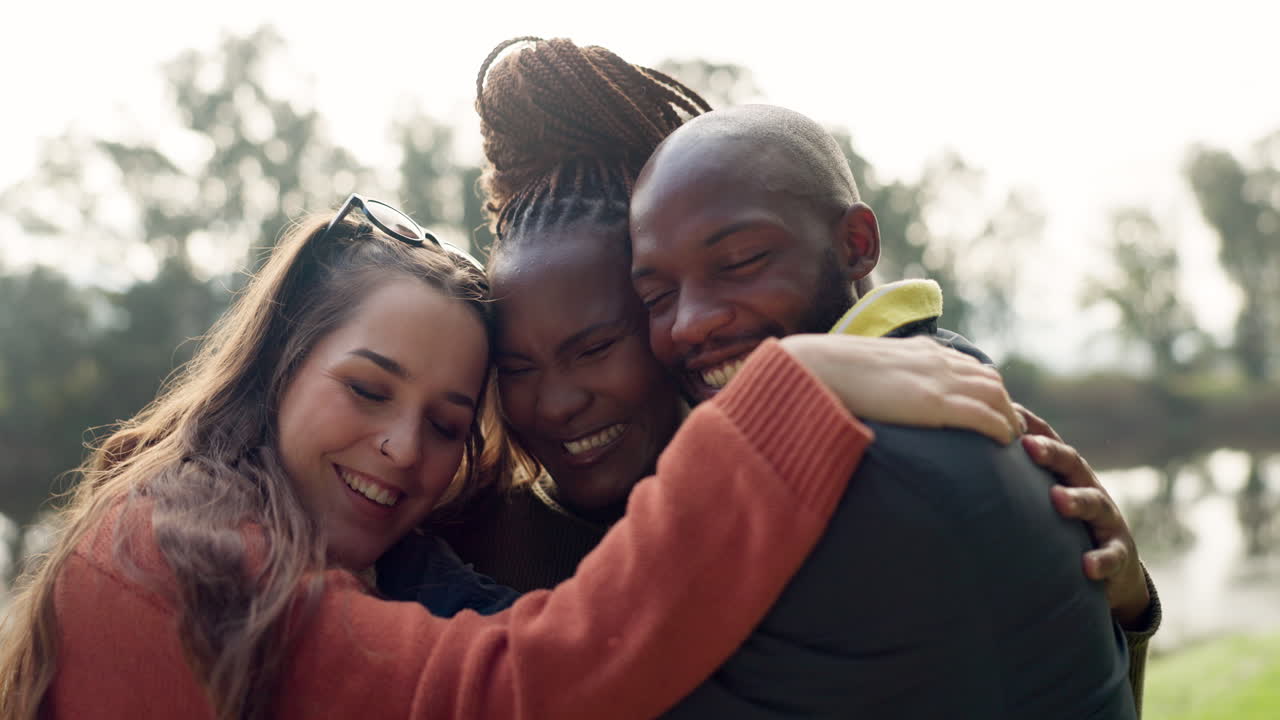 Portrait, group and friends together for a kiss