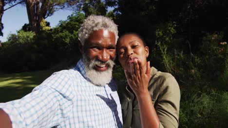 smiling african american senior couple posing for selfie in sunny garden