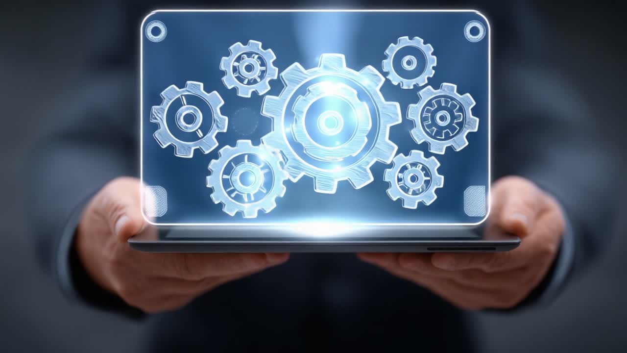 Innovative Technology Concept: A Professional Holds a Tablet with Futuristic Gear Icons Representing Automation and Efficiency in Business Processes