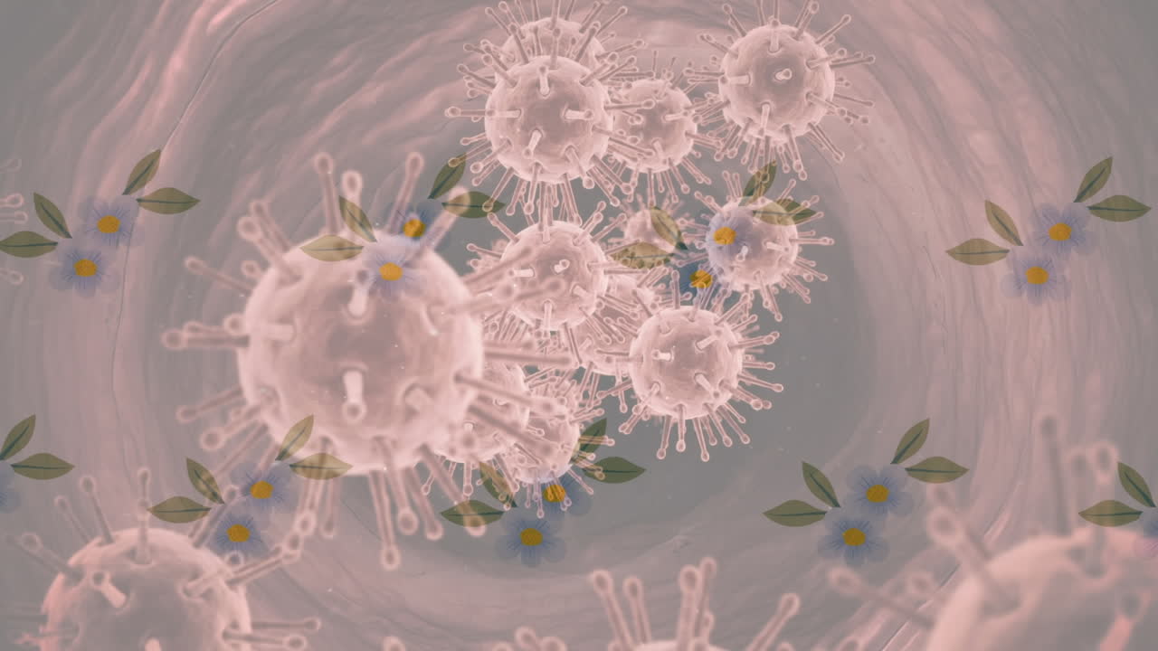 떨어지는 꽃 위에 있는 코로나19 세포의 애니메이션