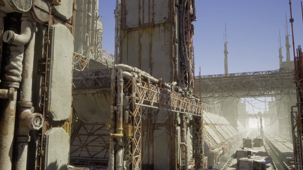 Futuristic industrial landscape with large structures and pipelines
