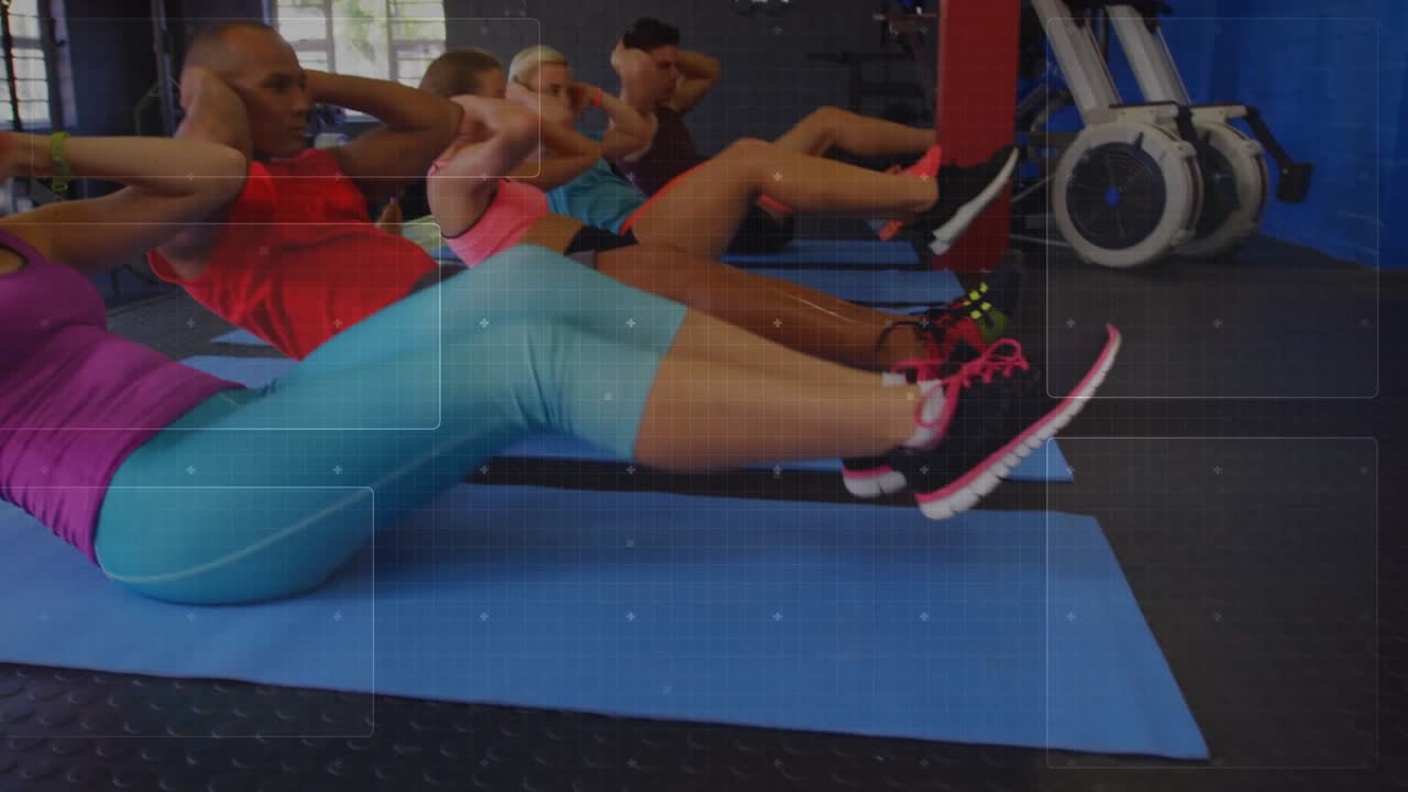 Woman leader on coach cue performing bicycle crunches on mats for core fitness, HUD obscuring view